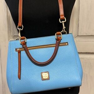 Dooney & Bourke Sky Blue Pebble Leather Shoulder Satchel with Brown Trim
